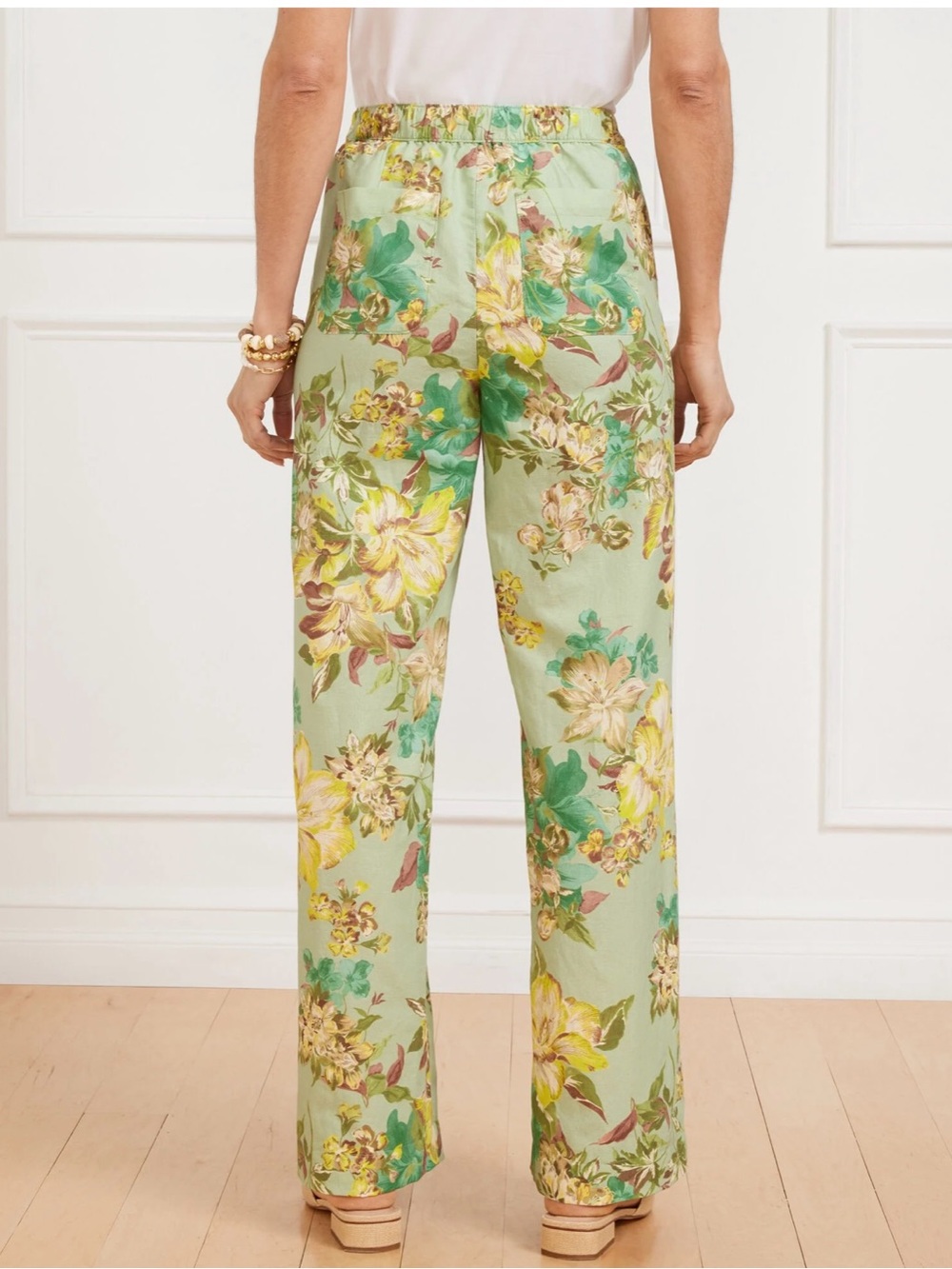 TALBOTS WIDE LEG WASHED LINEN PANTS - DYNAMIC FLORAL Green M NWT - Picture 2 of 11